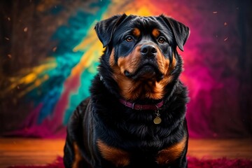 Fototapeta premium Portrait of powerful rottweiler puppy in vibrant colorful background.