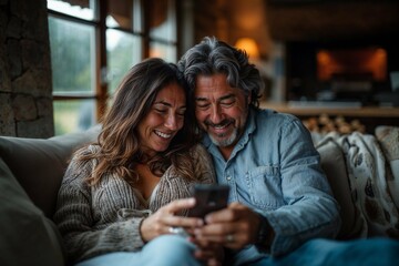 Laughing couple looking at smartphone together on a couch, cozy home setting. 