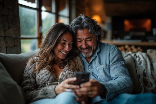 Laughing Couple Looking At Smartphone Together On A Couch, Cozy Home Setting.
