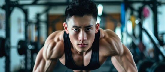 Fototapeta premium A muscular man with a thick chest is performing push-ups, straining his arms and flexing his muscles in a gym.