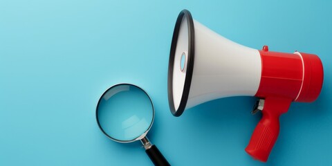 Megaphone and magnifying glass on blue background, marketing concept
