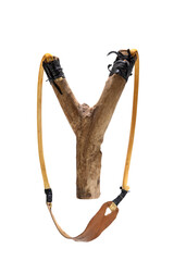 homemade wooden slingshot on cutout background