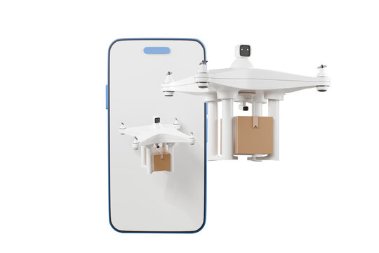 3d Smartphone with drone delivery parcel box icon. drone fast delivery concept. Logistic and factory concept. Shopping online concept. 3d robot drone delivery minimal cartoon design. 3d rendering.