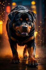 A majestic rottweiler stands tall against a vibrant,  background