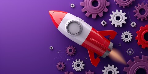 Rocket and gears on purple background, startup and teamwork concept