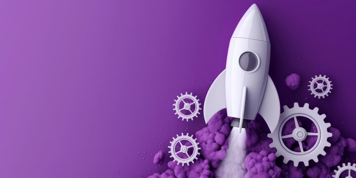Rocket and gears on purple background, startup and teamwork concept