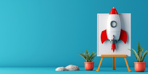 Rocket coming out of the blank board on a tripod on a blue background, startup concept
