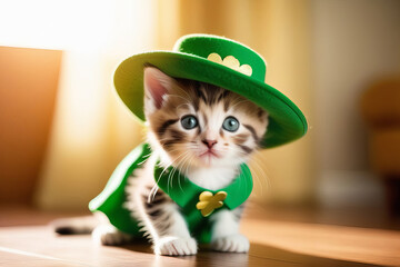 Portrait of cute kitten wearing a green leprechaun hat. St. Patrick's Day concept. Greeting card - obrazy, fototapety, plakaty