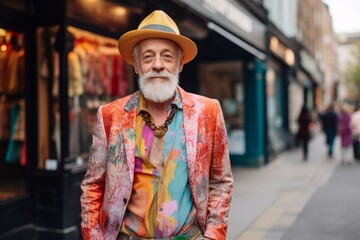 Elderly man in a hat and a colorful jacket on the street