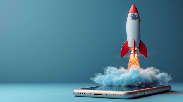Rocket taking off from cell phone screen on blue background, startup concept
