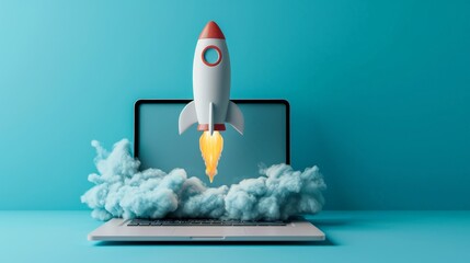 Rocket taking off from laptop on blue background, startup concept