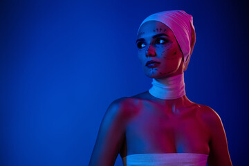 Photo of attractive lady plastic surgery patient look on vivid vibrant neon empty space background