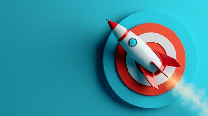 Rocket and red round target on blue background with copy space, startup concept