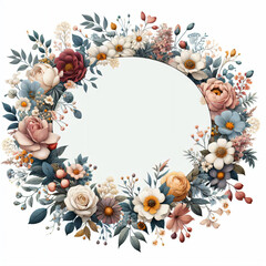 Circular floral frame wreath roses daisies flowers vibrant colors detailed design with visible petal lines leaf veins forming shape on a white background