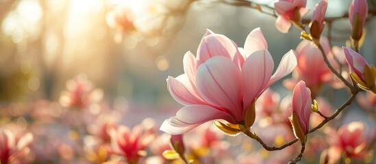 A beautiful pink flower with delicate petals on a tree branch, capturing the essence of nature's art amidst a peach-colored sky.