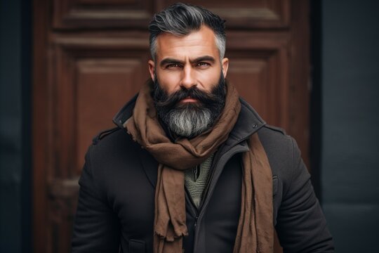 Portrait of a handsome bearded man with a gray beard and mustache in a brown scarf.