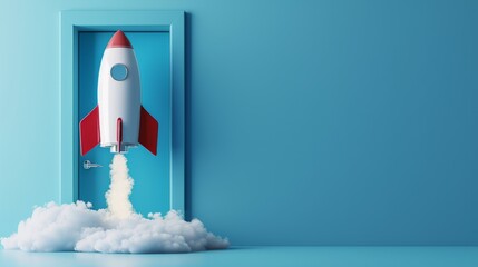 Rocket taking off near door on blue wall, startup concept