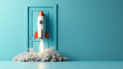Rocket taking off near door on blue wall, startup concept
