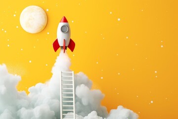 Rocket taking off over white ladder on yellow background, startup concept with copy space