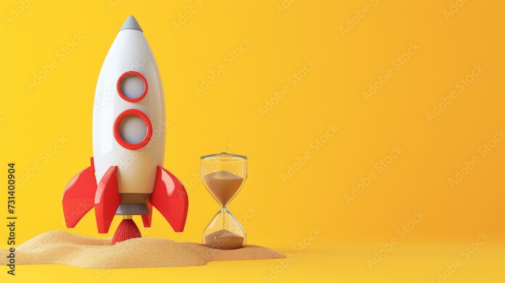 Wall mural rocket taking off and hourglass on yellow background, startup concept