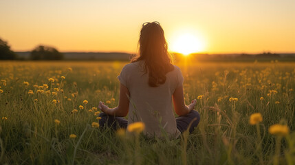 A woman meditates in a field full of flowers and grass at sunrise