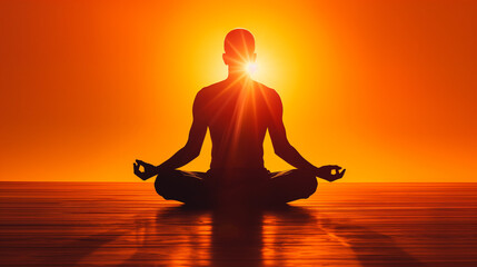 Silhouette of man meditating in front of an amazing sunrise on clear day