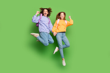 Full body photo of two overjoyed people jump hold hands raise fists isolated on green color...