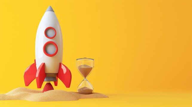 Rocket taking off and hourglass on yellow background, startup concept