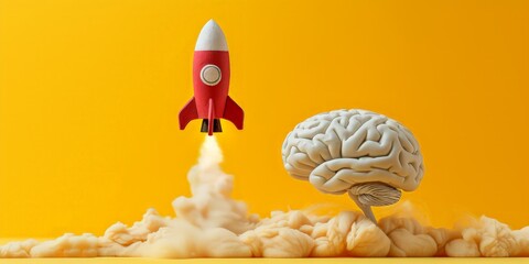 Rocket taking off near brain on yellow background, business strategy concept