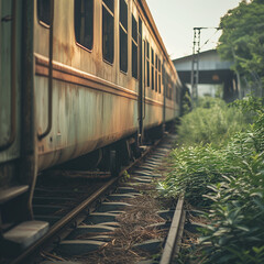Obraz premium Vintage Train Carriage on Overgrown Railway Track