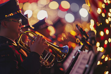 Trumpet Player Performing at a Festive Event with Bokeh Lights in the Background - obrazy, fototapety, plakaty
