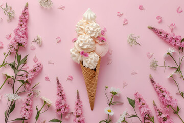 Top view ice cream cone and bouquet of pink flowers decoration on pink background, Flat lay Minimal fashion summer holiday concept