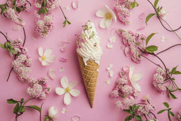 Top view ice cream cone and bouquet of pink flowers decoration on pink background, Flat lay Minimal fashion summer holiday concept
