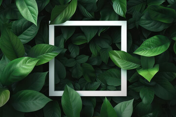 Top view white square frame in the middle of green leaves background, Flat lay Minimal