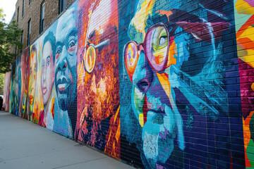 Vibrant Street Art Mural Depicting Colorful Faces on an Urban Building Wall