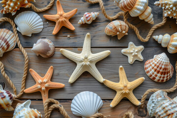 Fototapeta na wymiar Top view seashells and starfish on wood background, Flat lay Minimal summer holiday vacation concept,