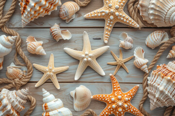 Top view seashells and starfish on wood background, Flat lay Minimal summer holiday vacation concept,
