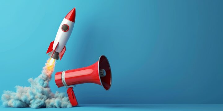 Rocket and megaphone on blue background, startup and marketing concept