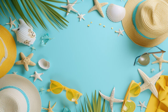 Flat lay Minimal fashion summer holiday vacation concept, Top view beach accessories on blue background