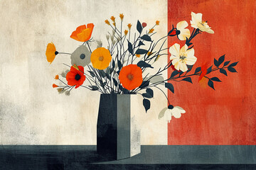 
minimalistic cubism artwork of a vase with flowers, exploring the interplay between geometric shapes and organic forms