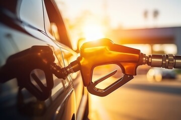 Close-up of hand refueling a modern car with gasoline at a brightly-lit gas station on a sunny day - obrazy, fototapety, plakaty