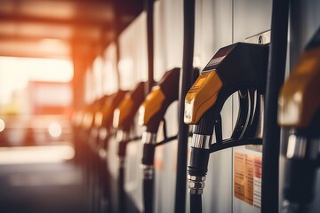 Close-up of hand refueling a car with gasoline at a modern gas station on a bright and sunny day - obrazy, fototapety, plakaty