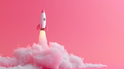 Rocket taking off releasing smoke on pink background, startup concept