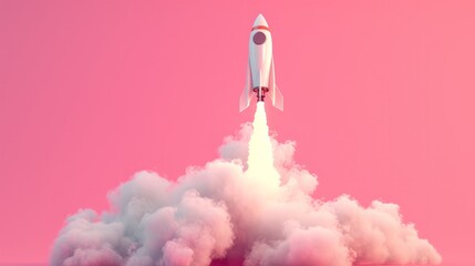 Rocket taking off releasing smoke on pink background, startup concept