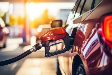 Close-up of a hand refueling a car with gasoline at a modern gas station on a bright sunny day - obrazy, fototapety, plakaty