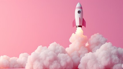 Rocket taking off releasing smoke on pink background, startup concept