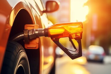 Close-up of hand refueling vehicle with gasoline at modern gas station on bright sunny day - obrazy, fototapety, plakaty