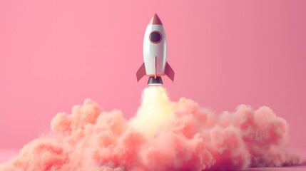 Rocket taking off releasing smoke on pink background, startup concept