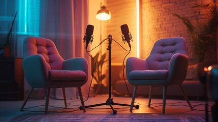 Interview and podcast room with two armchairs, table, microphone and lamps, Modern interview studio