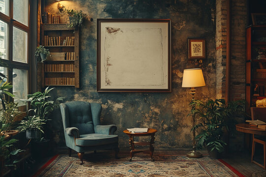 mockup, vertical small frame with white canva with aspect ratios of 3x4, realistic detail, inviting, a dimly lit room with dark academia decor, featuring vintage furniture, textured walls, soft lighti